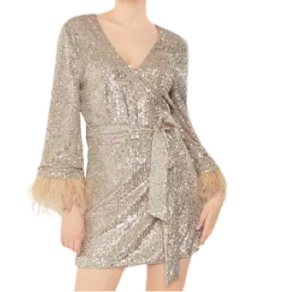 NWT Likely Champagne Lange Sequin & Ostrich Feather Wrap Mini Dress -Sz 8